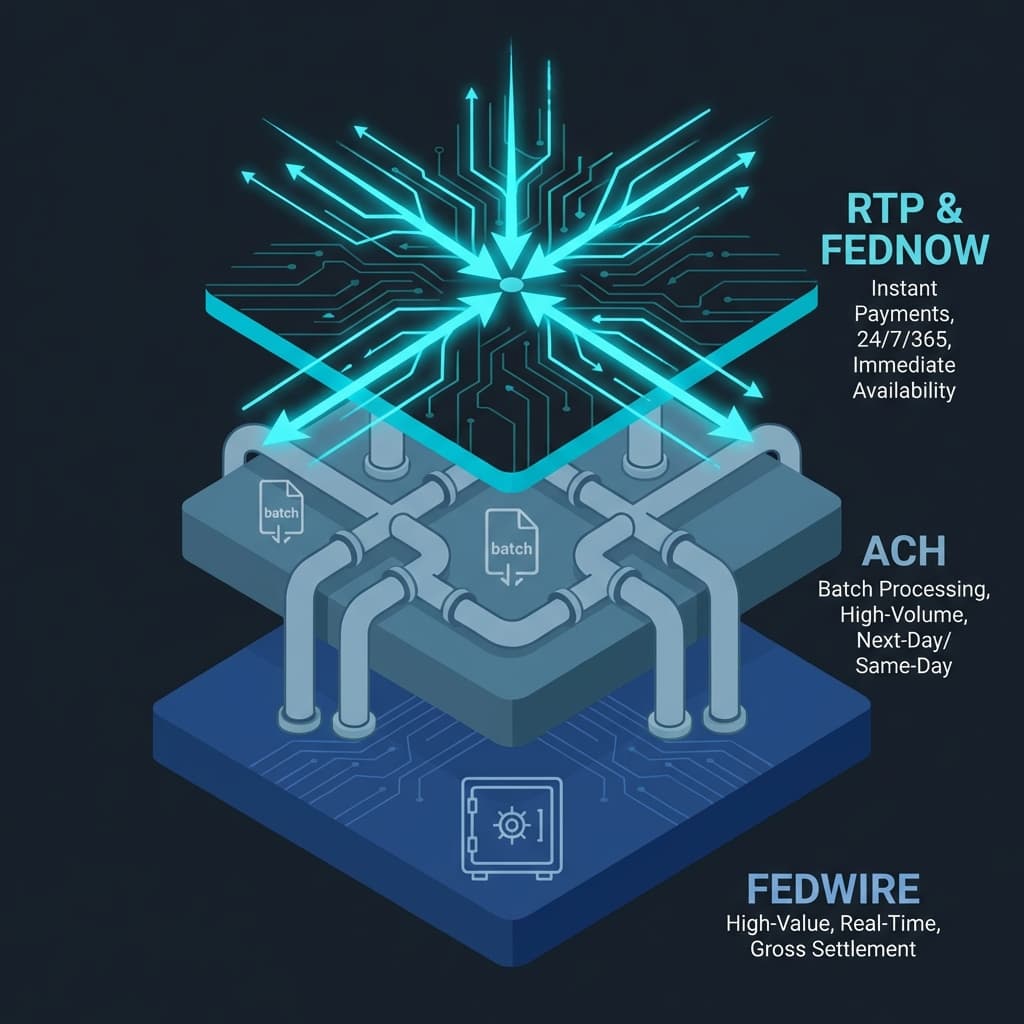 The layered architecture of US payment rails—from real-time Fedwire to batch ACH processing.